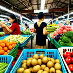 **Reducing Waste:** A person using a reusable shopping bag at a bustling Thai market, filled with fresh produce. Focus on vibrant colors and traditional Thai elements.