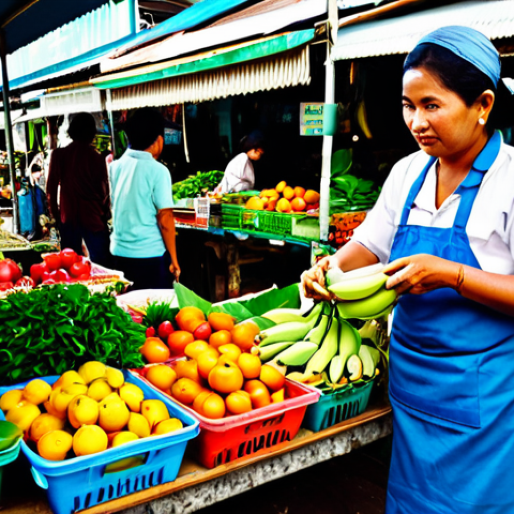 Zero Waste Market Scene**

"A bustling Thai fresh market scene, filled with vendors selling produce in reusable containers and banana leaves, shoppers using tote bags and their own containers, vibrant colors, delicious looking tropical fruits and vegetables, fully clothed people, traditional Thai clothing, safe for work, perfect anatomy, natural proportions, professional photography, high quality, appropriate content, family-friendly."

**