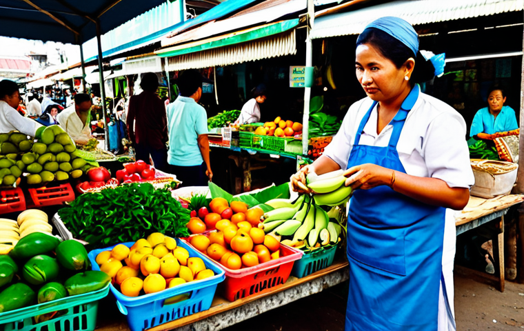 Zero Waste Market Scene**

"A bustling Thai fresh market scene, filled with vendors selling produce in reusable containers and banana leaves, shoppers using tote bags and their own containers, vibrant colors, delicious looking tropical fruits and vegetables, fully clothed people, traditional Thai clothing, safe for work, perfect anatomy, natural proportions, professional photography, high quality, appropriate content, family-friendly."

**