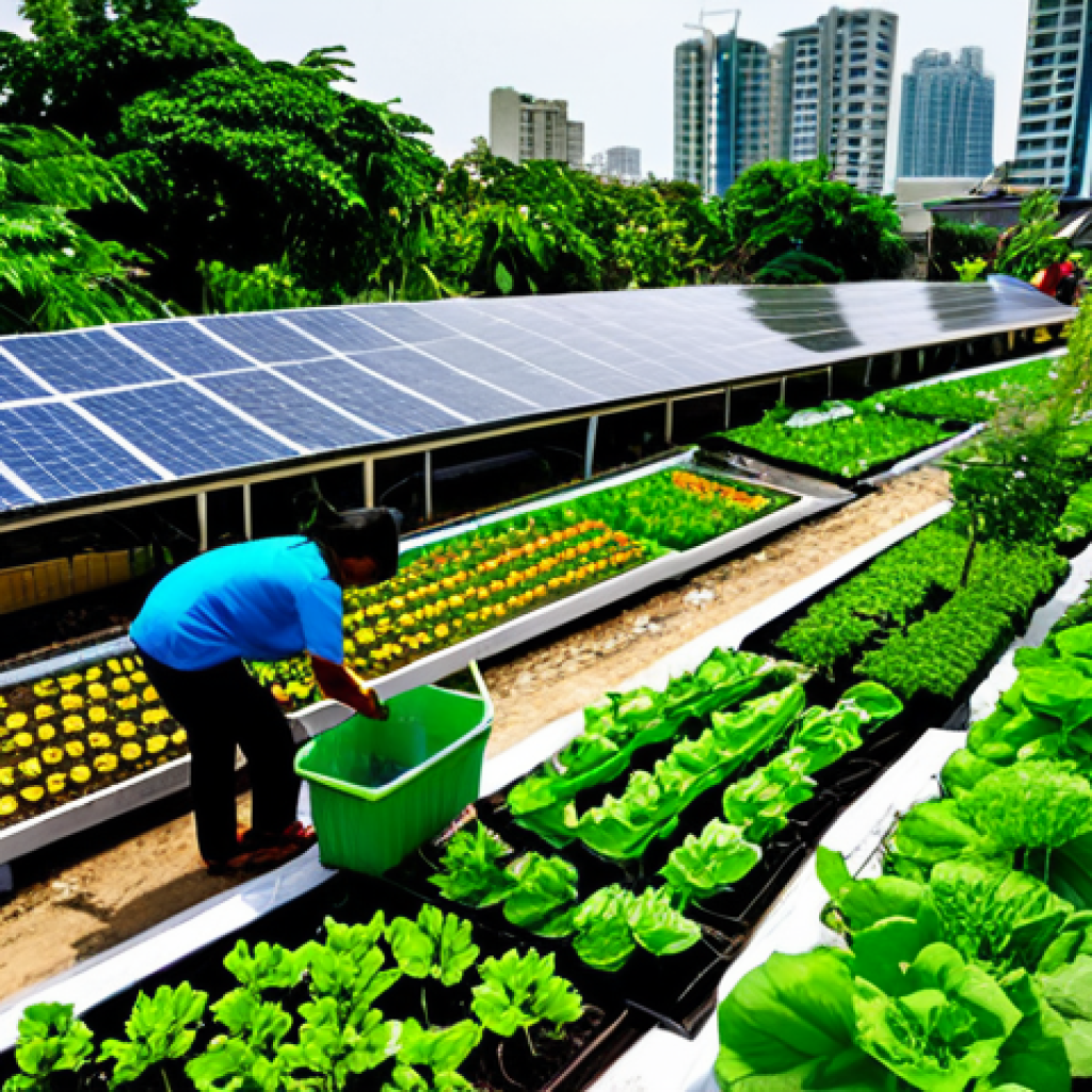 **

"A vibrant community garden in Bangkok, Thailand, integrated into a modern cityscape. Residents are shown tending to vegetable patches, with solar panels visible on nearby rooftops. Focus on sustainable urban design, fully clothed individuals, appropriate attire, safe for work, perfect anatomy, natural proportions, professional photography, high quality. Modest clothing, family-friendly."

**