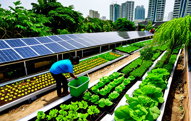 **

"A vibrant community garden in Bangkok, Thailand, integrated into a modern cityscape. Residents are shown tending to vegetable patches, with solar panels visible on nearby rooftops. Focus on sustainable urban design, fully clothed individuals, appropriate attire, safe for work, perfect anatomy, natural proportions, professional photography, high quality. Modest clothing, family-friendly."

**