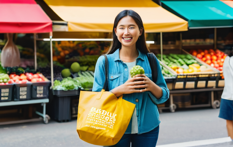 제로웨이스트 캠페인 성공 사례 - **Prompt 1: Daily Zero Waste Habits**
A bright, inviting outdoor scene at a bustling local marke...