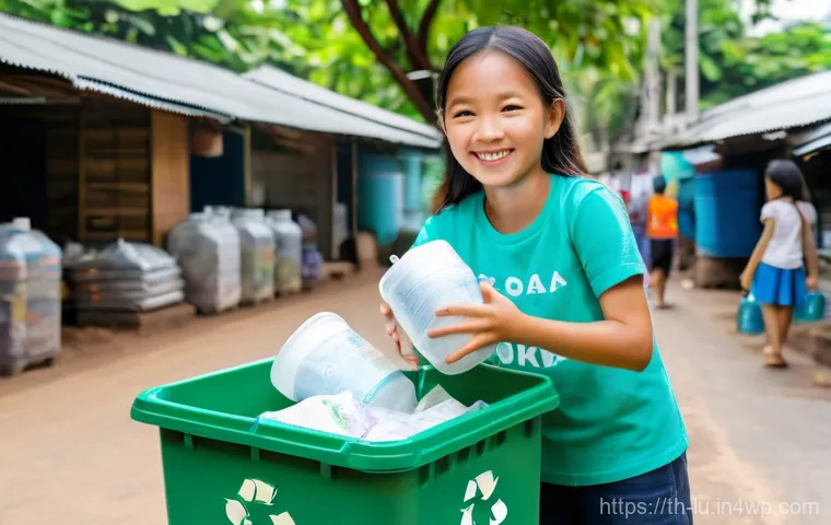 제로웨이스트 실천을 위한 커뮤니티 리더십 - Image Prompt 1: Community Engagement at a Waste Bank** 제로웨이스트 실천을 위한 커뮤니티 리더십 - Image Prompt 1: Community Engagement at a Waste Bank**