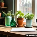Home 21 제로웨이스트를 위한 DIY 프로젝트 아이디어 - A cozy indoor workspace featuring small DIY plant pots made from repurposed plastic bottles, neatly ...