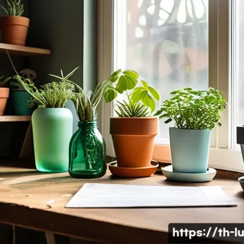 Home 31 제로웨이스트를 위한 DIY 프로젝트 아이디어 - A cozy indoor workspace featuring small DIY plant pots made from repurposed plastic bottles, neatly ...