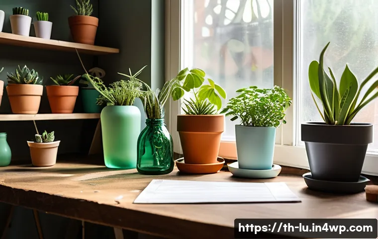 제로웨이스트를 위한 DIY 프로젝트 아이디어 - A cozy indoor workspace featuring small DIY plant pots made from repurposed plastic bottles, neatly ...
