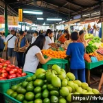 Home 19 제로웨이스트 운동의 문화적 영향 - A vibrant local Thai market scene where shoppers carry colorful reusable cloth bags, selecting fresh...