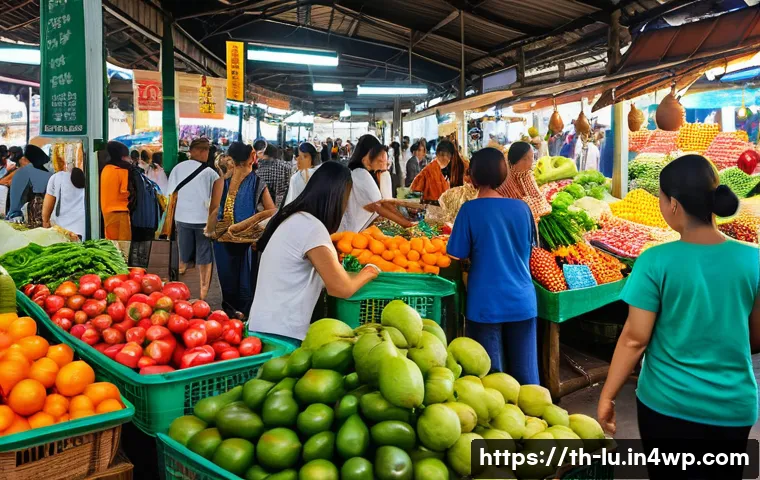 제로웨이스트 운동의 문화적 영향 - A vibrant local Thai market scene where shoppers carry colorful reusable cloth bags, selecting fresh...
