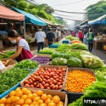 Home 18 제로웨이스트 공공정책의 변화 - A vibrant urban community market in Thailand promoting zero waste: stalls filled with fresh local pr...