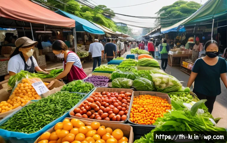 제로웨이스트 공공정책의 변화 - A vibrant urban community market in Thailand promoting zero waste: stalls filled with fresh local pr...
