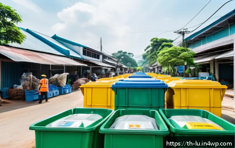 제로웨이스트 산업의 경제적 효과 - A modern waste management center in a bustling Thai community, featuring advanced automated waste so...