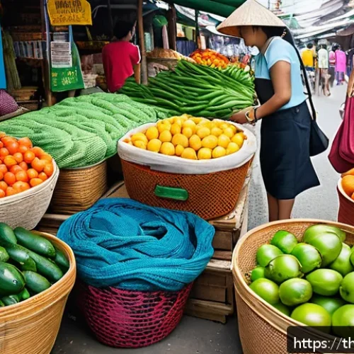 제로웨이스트와 플라스틱 줄이기 활동 - A vibrant outdoor market scene in Thailand showing a local shopper using colorful reusable fabric an...