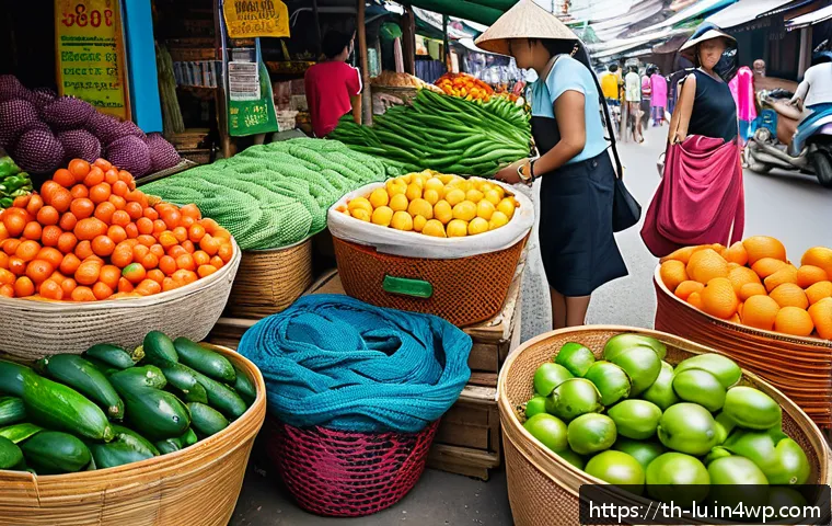제로웨이스트와 플라스틱 줄이기 활동 - A vibrant outdoor market scene in Thailand showing a local shopper using colorful reusable fabric an...